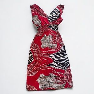 Animal Print Red Bodycon Midi Dress Zebra Leopard Abstract Print Stretch V-Neck